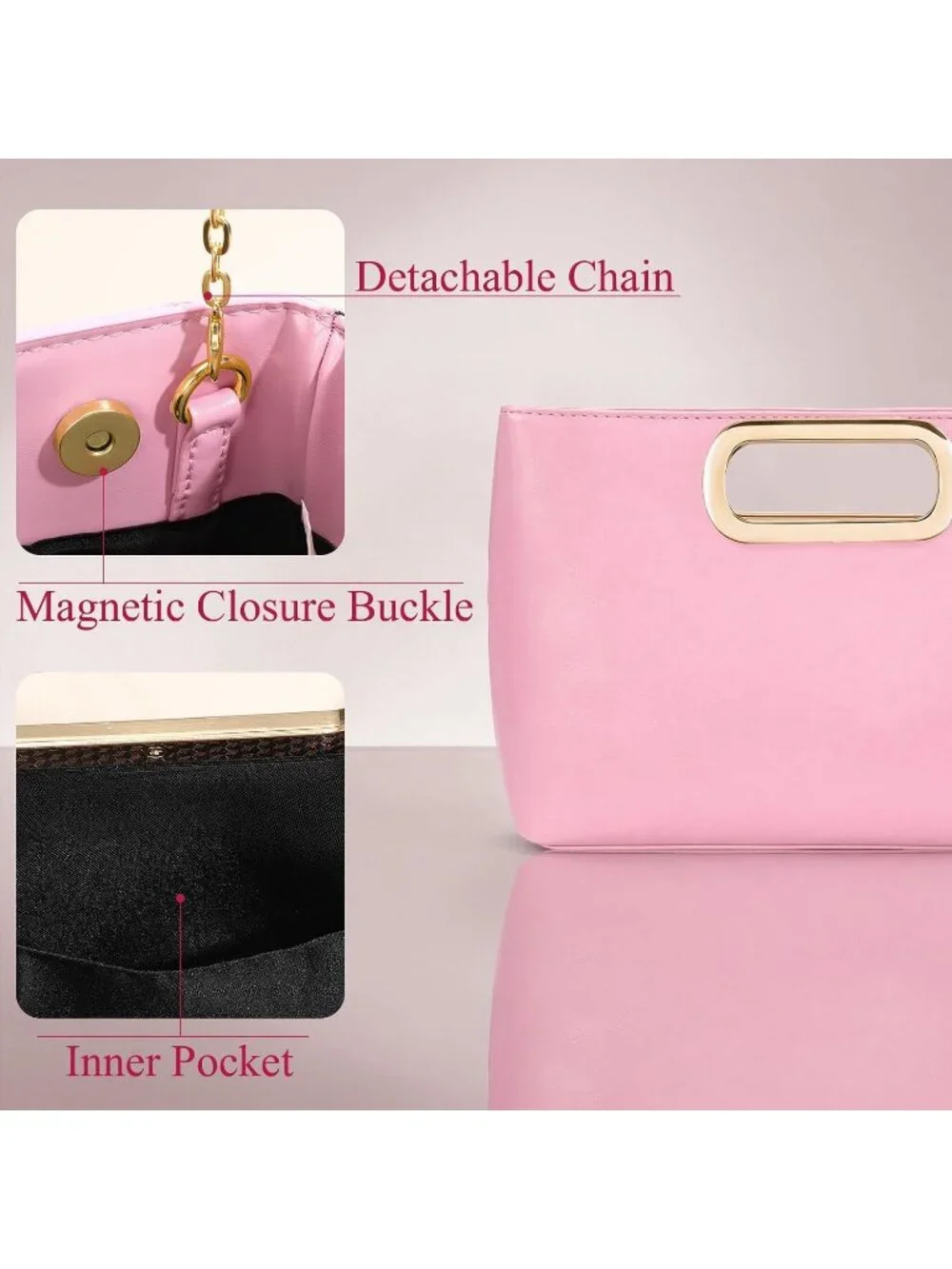 Womens Pink Clutch Handbag Modern Faux Leather with Metal Handle Evening Bag